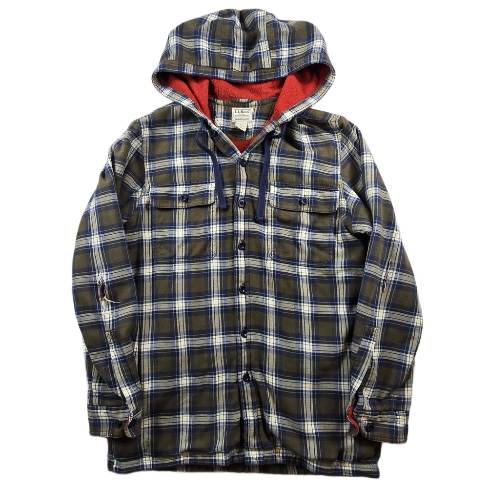L.L. Bean Fleece Lined Flannel Shirt Jacket Men Small Blue Green Plaid Hood WORK